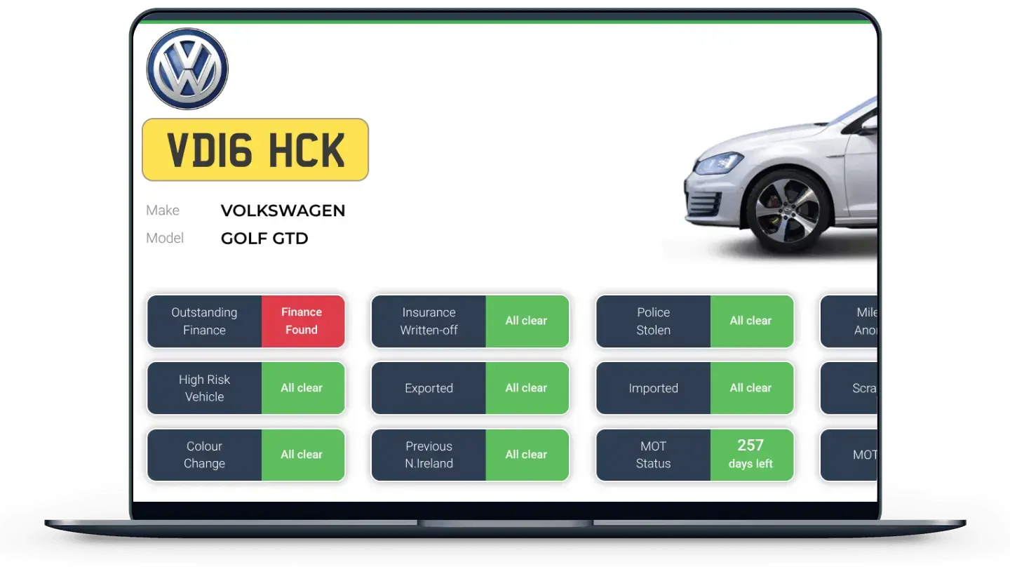an image of our car check on a laptop where you can see the various results of a car check.